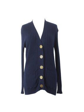 Etoile Cardigan Sweater Sz M Navy Blue Gold Hardware Ribbed Rayon Nylon